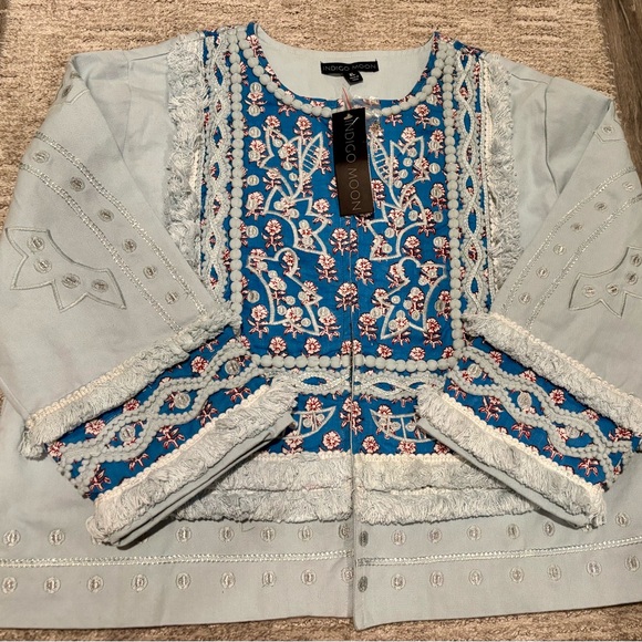 Indigo moon boho Blue Floral Cotton Jacket size XL - Picture 1 of 7